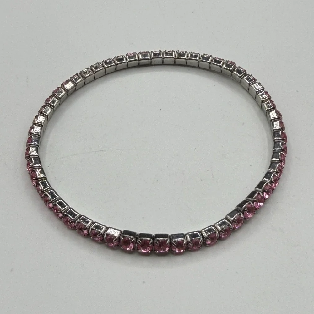 Pink Rhinestone Stretch Bracelet Ring Set Silver Tone Coquette Y2K Sparkle Gift